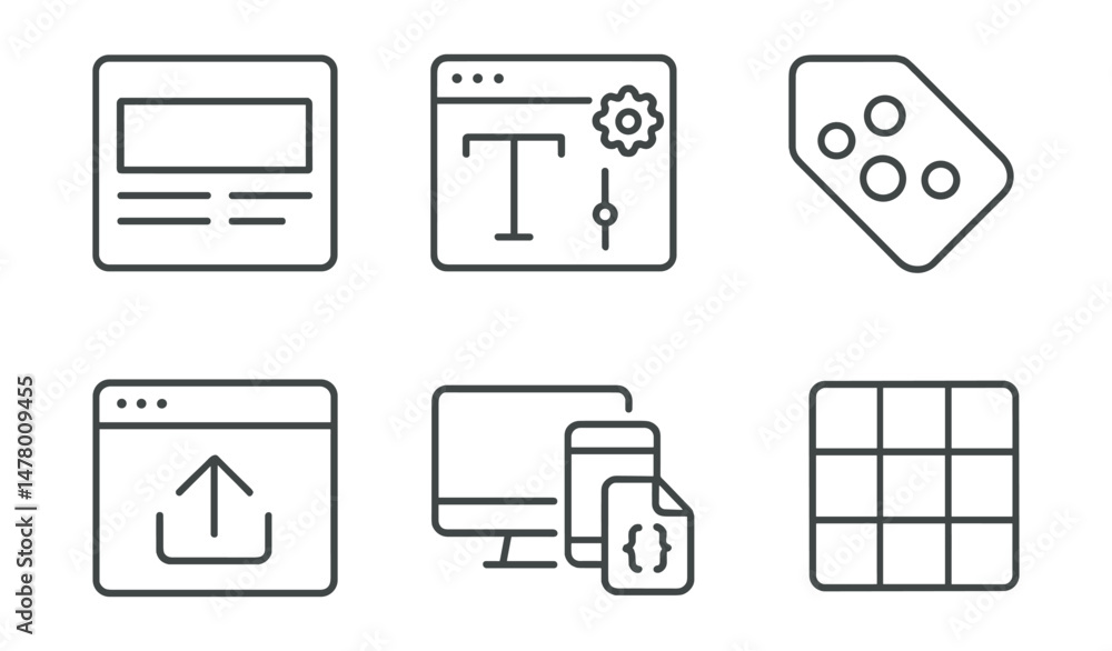 Line style icons of blog design: minimalist layout badge, theme selector icon, typography settings, color palette tag, header image upload, responsive preview screen, custom CSS file, layout grid Line style icons of blog design: minimalist layout badge, theme selector icon, typography settings, color palette tag, header image upload, responsive preview screen, custom CSS file, layout grid