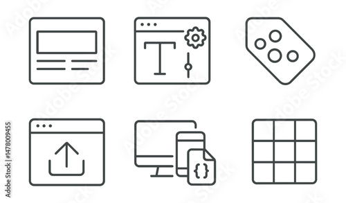 Line style icons of blog design: minimalist layout badge, theme selector icon, typography settings, color palette tag, header image upload, responsive preview screen, custom CSS file, layout grid