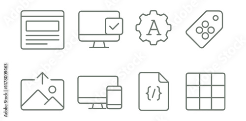 Line style icons of blog design: minimalist layout badge, theme selector icon, typography settings, color palette tag, header image upload, responsive preview screen, custom CSS file, layout grid