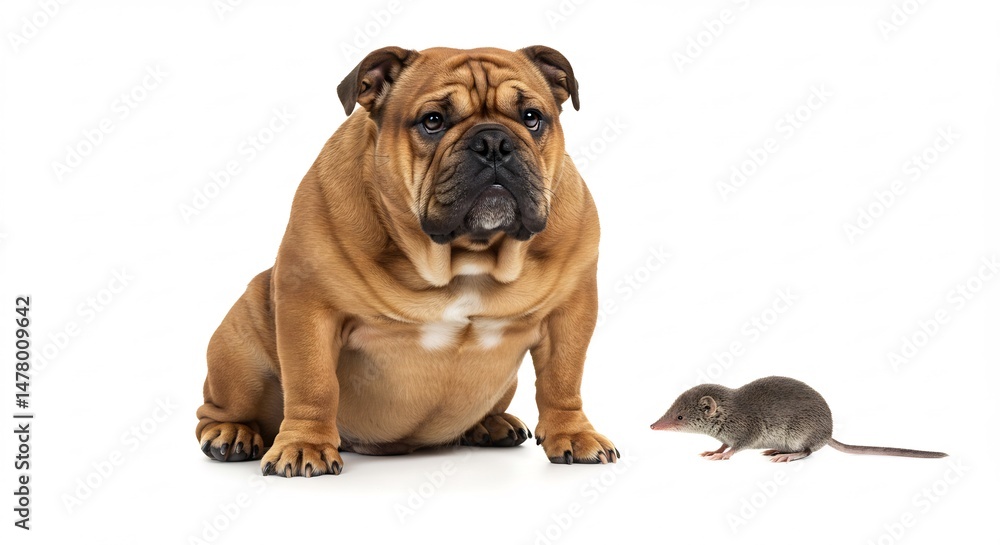 Obraz premium 愛らしいブルドッグと小さなネズミ 白背景で対比鮮やか撮影. AI Generated