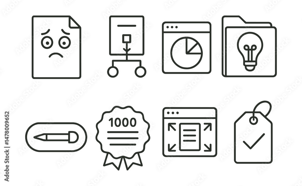 Line style icons of writing mindset: blank page anxiety icon, writing flow chart, blog productivity timer, idea bank file, “start writing” button, daily word goal badge, distraction-free mode, writer Line style icons of writing mindset: blank page anxiety icon, writing flow chart, blog productivity timer, idea bank file, “start writing” button, daily word goal badge, distraction-free mode, writer