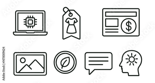 Line style icons of niche blog types: tech blog symbol, fashion blog tag, book blog badge, personal finance layout, photography post icon, green living badge, academic essay bubble, motivational blog