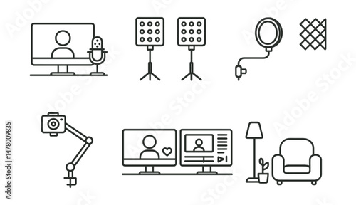 Line style icons of vlogger studio setup: desktop with mic and screen, LED panel lights, pop filter on boom arm, noise-dampening foam, camera arm mount, livestream monitor, editing setup dual screen,