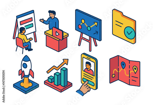 Isometric flat vector icons of Startup Incubation: pitch practice space, product demo booth, go-to-market plan board, business registration file, MVP launch icon, startup scalability diagram,