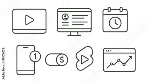Line style icons of vlogging platforms: video play screen, platform dashboard icon, scheduled post calendar, video insights chart, mobile notification tag, monetization toggle, shorts icon, analytics