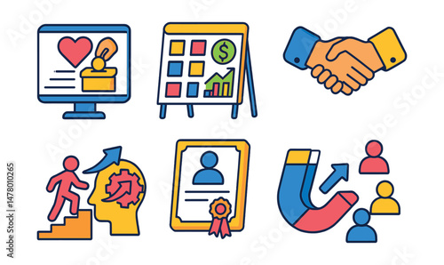 Isometric flat vector icons of Entrepreneurial Ventures: crowdfunding platform dashboard, entrepreneurial goal board, cashflow management tool, strategic partnership icon, business scaling ladder,