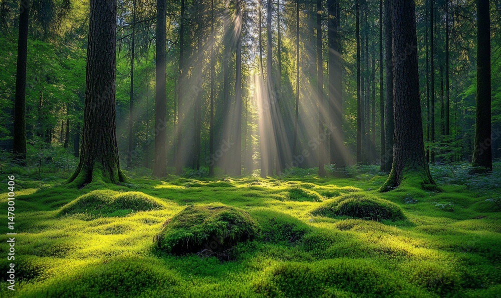 Fototapeta premium Illuminated mossy forest floor with sunbeams filtering through tall trees