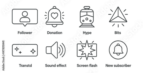 Line style icons of stream alerts and effects: “follower” popup icon, donation alert bell, hype train badge, bits cheer symbol, animated transition tag, sound effect icon, screen flash for reaction,