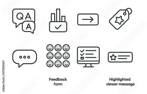 Line style icons of audience engagement: Q&A box icon, poll in chat badge, call to action icon, giveaway ticket tag, on-stream comment bubble, emote spam wall, feedback form screen, highlight viewer