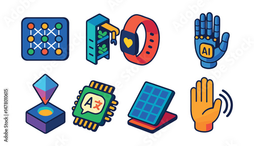 Isometric flat vector icons of Tech Breakthroughs: AI neural network map, vertical farming robot, emotion-sensing wearable, AI-powered prosthetic hand, next-gen display crystal, real-time language