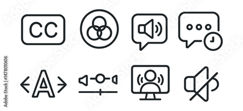 Line style icons of accessibility for streamers: subtitle toggle icon, colorblind-safe overlay, text-to-speech badge, slow mode chat icon, adjustable font tag, audio balance tool, screen reader icon,