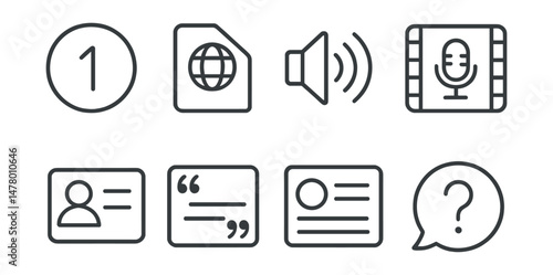 Line style icons of podcast episodes: episode number badge, season indicator tag, new episode alert, teaser clip icon, guest bio card, key quote frame, main topic highlight, listener question bubble.