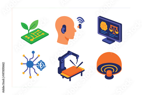Isometric flat vector of Tech Breakthroughs: biodegradable circuit board, smart implant device, virtual reality treadmill, AI ethics dashboard, anti-gravity engine concept, digital neuron connector,