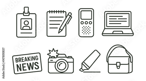 Line style icons of journalist tools: press badge icon, notepad and pen, voice recorder device, laptop for writing, breaking news stamp, camera with flash, headline marker, journalist bag.