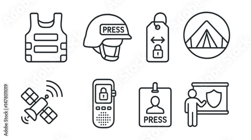 Line style icons of journalist safety: bulletproof vest icon, helmet with PRESS label, secure data transfer tag, safe zone tent, satellite signal beacon, encrypted recorder icon, press visibility