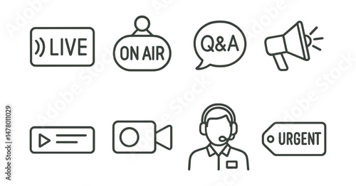Line style icons of live reporting: live broadcast badge, on-air icon, live Q&A chat, emergency press release, real-time ticker bar, live camera icon, reporter in headset, urgent dispatch tag.