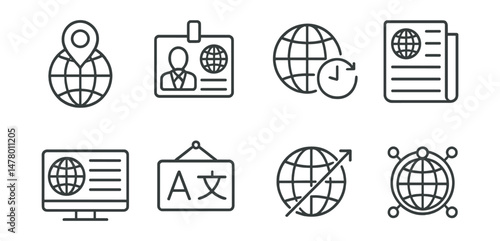 Line style icons of global news coverage: world event marker, foreign correspondent badge, time zone update icon, international press release, global headline ticker, multilingual story tag,