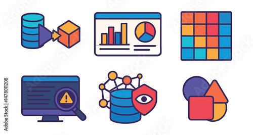Isometric flat vector of Big Data Insights: ETL process diagram, data aggregation node, data anomaly detector, BI report panel, large-scale log analysis, heatmap visualization tool, structured data