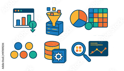 Isometric flat vector of Big Data Insights: data drill-down panel, business intelligence pipeline, anomaly heatmap grid, data segmentation engine, data clustering model, raw data vault, smart query