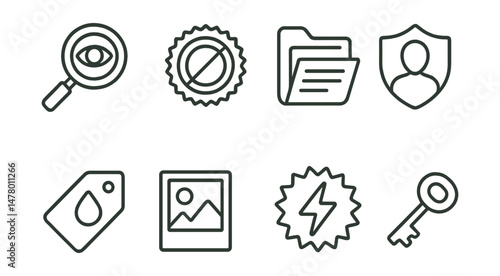 Line style icons of special reports and exclusives: investigative icon, exclusive story stamp, longform feature file, source anonymity shield, documents leak tag, photo evidence icon, scoop lightning