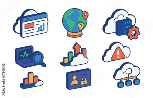 Isometric flat vector of Cloud Infrastructure: cloud-hosted website dashboard, region selection globe, server update automation, system alert notification, monitoring agent icon, workload