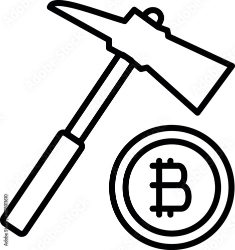 Pickaxe striking bitcoin—mining symbol