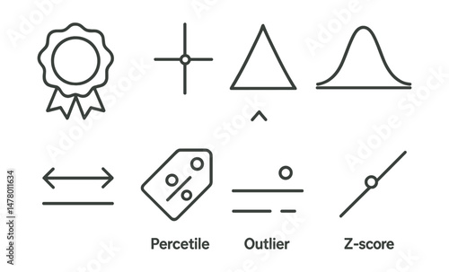Line style icons of statistical metrics: average value badge, median point icon, mode triangle symbol, standard deviation curve, data range arrows, percentile tag, outlier detection dot, z-score line