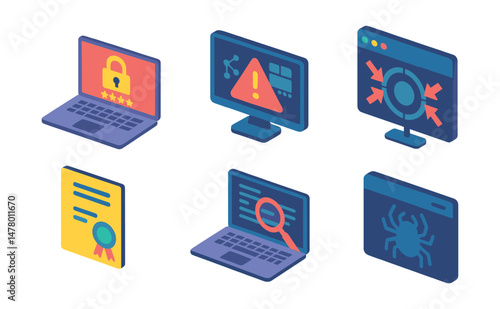 Isometric flat vector of Cybersecurity Essentials: ransomware encrypted screen, network intrusion alert, security operations center monitor, DDoS attack visualization, digital certificate icon,