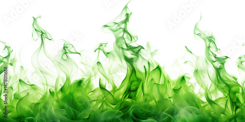 close up of small green flames with haze isolated  on  white background