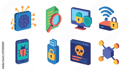 Isometric flat vector icons of Cybersecurity Essentials: AI security analytics, log file inspection tool, endpoint protection system, secured Wi-Fi network icon, mobile threat defense, encrypted USB