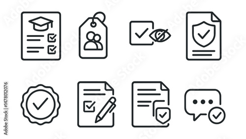 Line style icons of research surveys: academic research form, peer review tag, double-blind checkbox, ethics approval file, data anonymization shield, informed consent badge, survey consent form,
