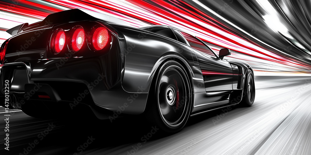 Fototapeta premium Black Sports Car Accelerating in a Blur of Vibrant Motion Lines