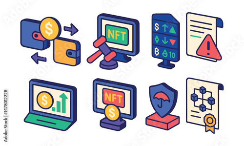 Isometric flat vector icons of Digital Finance & Cryptocurrencies: wallet-to-wallet transfer, NFT auction bid panel, real-time crypto price ticker, digital wealth report, crypto regulation alert, NFT