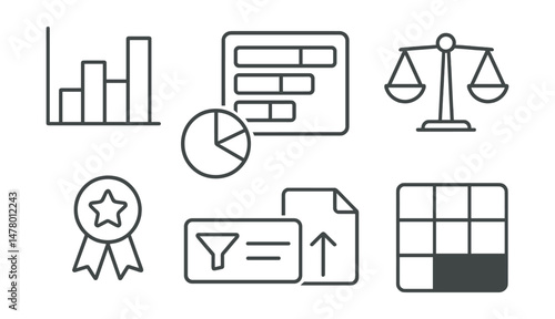 Line style icons of survey results visualization: bar chart of answers, pie of percentages, stacked response layout, weighted average icon, top-voted answer badge, filtered result tag, export data
