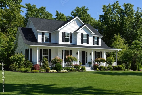 Exterior white farmhouse with black shutters, green grass and foliage on a sunny day