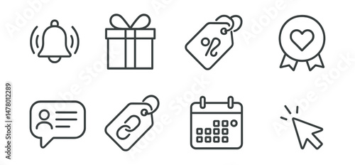 Line style icons of poll engagement tools: reminder ping icon, survey incentive gift, thank-you discount tag, response badge reward, personalized message bubble, follow-up link tag, reminder calendar