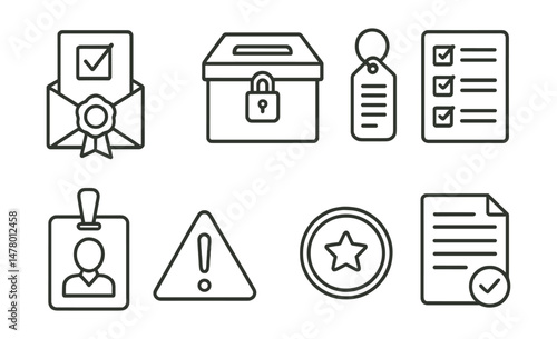 Line style icons of voting integrity: ballot seal icon, secure storage box, chain of custody tag, vote audit checklist, poll watcher badge, fraud alert triangle, certified result stamp, verification