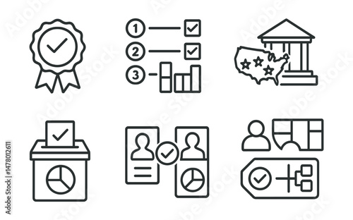 Line style icons of voting systems and structures: first-past-the-post badge, ranked-choice layout, proportional system chart, electoral college icon, open primary symbol, runoff election round,