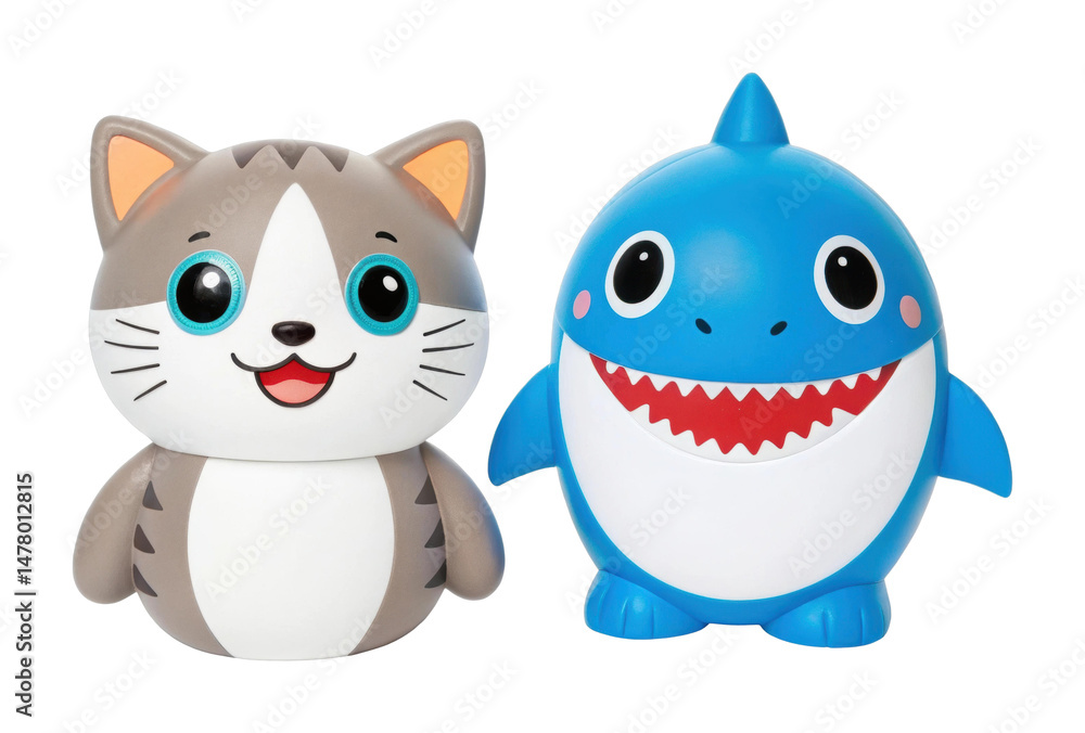 PNG Cute cat and shark toys with bright eyes and smile PNG Cute cat and shark toys with bright eyes and smile