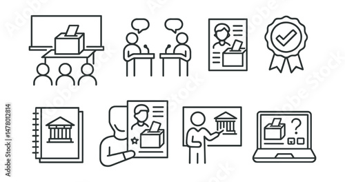Line style icons of youth and civic education: classroom ballot icon, student debate symbol, youth vote guide, first-time voter badge, civic education workbook, school election flyer, teacher’s civic