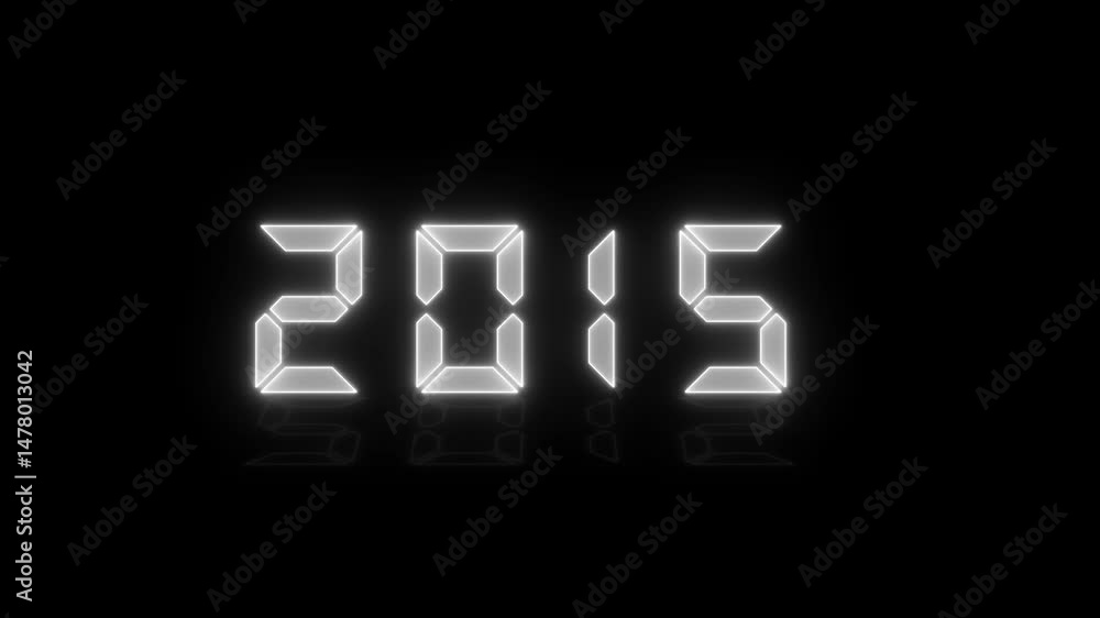 Looping neon glow effect 2025 new year icons Video animation of an LED display in cyan with the continuous years 2000 to 2025 on a reflective floor - represents the new year 2025 - holiday concept .