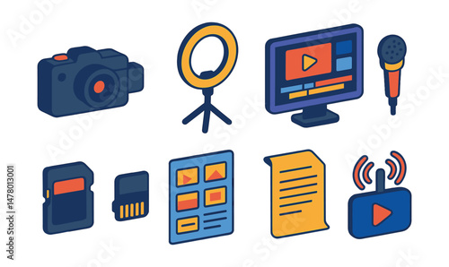 Isometric flat vector set of illustrations of video content creation: vlogging camera, ring light, video editor screen, microphone, memory card, storyboard, script, livestream icon.
