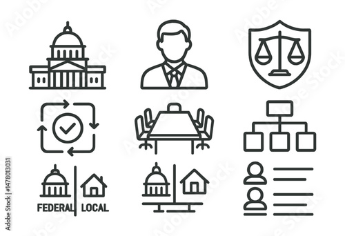 Line style icons of branches of power: legislative branch building, executive figure icon, judicial scale badge, checks and balances diagram, cabinet table symbol, state-level power chart, federal vs