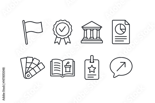 Line style icons of political parties and movements: party flag icon, campaign slogan badge, party headquarters symbol, party platform file, party color chart, political manifesto icon, membership
