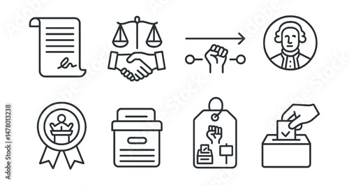 Line style icons of political history: founding document file, civil rights act icon, revolution timeline chart, historic leader portrait, political speech badge, past policy archive, movement