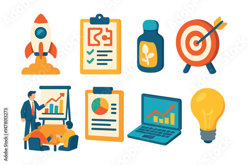 Isometric flat vector set of illustrations of business startup: rocket launch, business plan, product prototype, target board, pitch meeting, budget report, laptop with graph, lightbulb idea.
