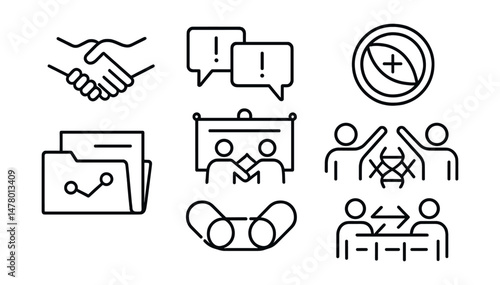 Line style icons of solidarity actions: allyship handshake, joint statement icon, coalition banner, intersectional lens badge, shared resources file, network solidarity chain, cross-movement support