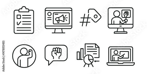 Line style icons of digital activism: online petition icon, viral campaign post, awareness hashtag tag, livestream protest screen, digital protest avatar, activism forum bubble, infographics toolkit,