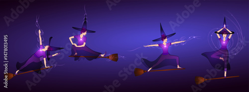 Halloween witches doing yoga postures. Slim young witches women in hatha yoga poses standing on brooms. Yogi hages in well balanced postures practicing witchcraft, making starlight magic, wearing hats