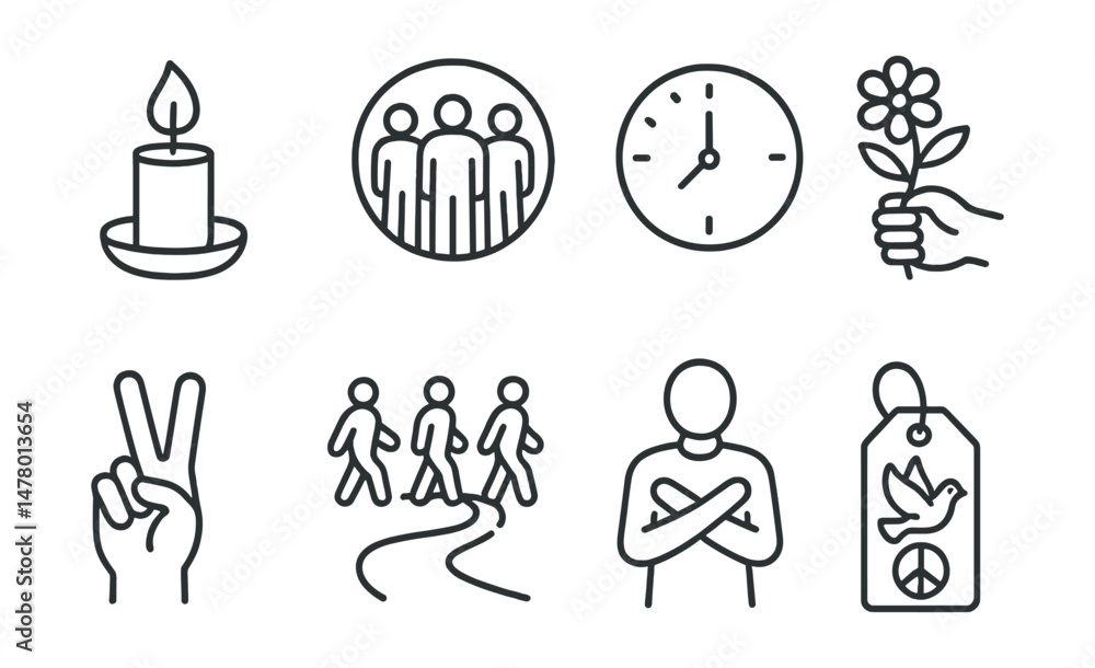 Line style icons of peaceful protest scenes: candlelight vigil icon, solidarity circle badge, moment of silence clock, symbolic flower offering, peace hand sign, nonviolent march path, silent protest Line style icons of peaceful protest scenes: candlelight vigil icon, solidarity circle badge, moment of silence clock, symbolic flower offering, peace hand sign, nonviolent march path, silent protest